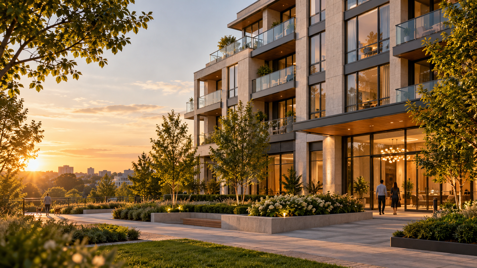 Modern Northline apartment community at sunset